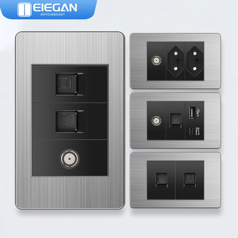 Black Stainless Steel Panel Brazil Standard Outlet Double USB Type C Wall Socket Light Switch Office 4*2 Computer TEL TV Socket