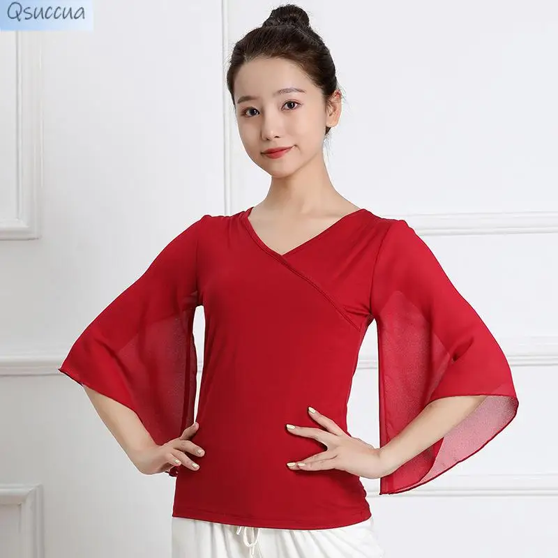 

New Modal Classical Dance Dance Clothes Chiffon Flared Gauze Sleeves Square Dance Dance Tops V-Neck Costumes