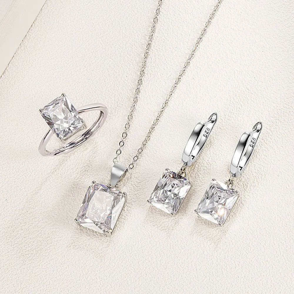 925 Sterling Silver Elegant Jewelry Sets Ring Earrings Necklace For Women Rectangle Geometry Zircon Wedding Accessories