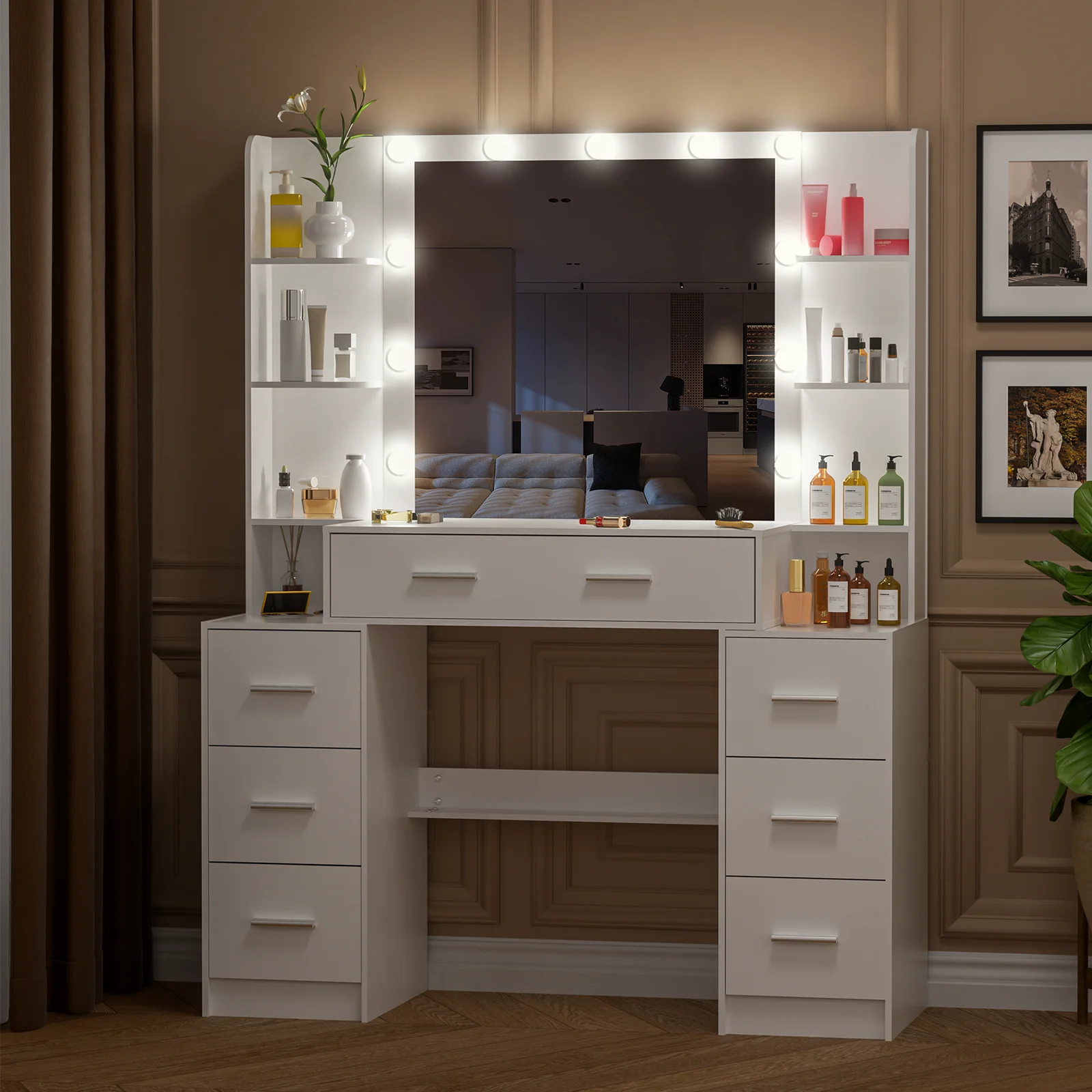 مكتب تزيين كبير مع 11 مرآة بإضاءة LED و7 أدراج طاولة مكياج حديثة #4