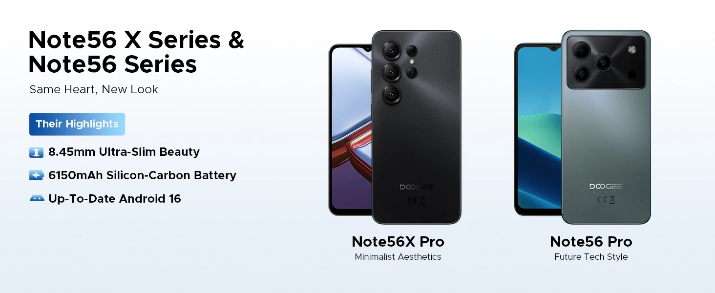 DOOGEE Note56X Pro Smartphone Android 16 32GB+128GB 6.56" HD+ Screen 6150mAh Battery 13MP+8MP Widevine L1 NFC Cell Phone