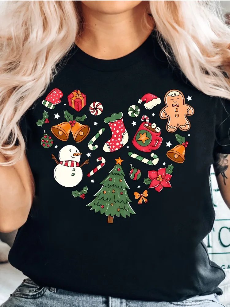 

Christmas Heart Print TShirt Holiday Design Featuring Gingerbread Women Candy Canes and Snowflakes Soft Crew Neck Casual Top