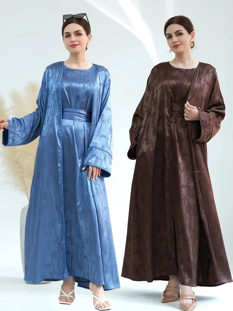 

Eid Abaya Silky Satin Dress for Women 2 Piece Set Woman Print Lace-up Party Abayas Suits Ramadan Dresses Robe Caftan Kaftan 2023