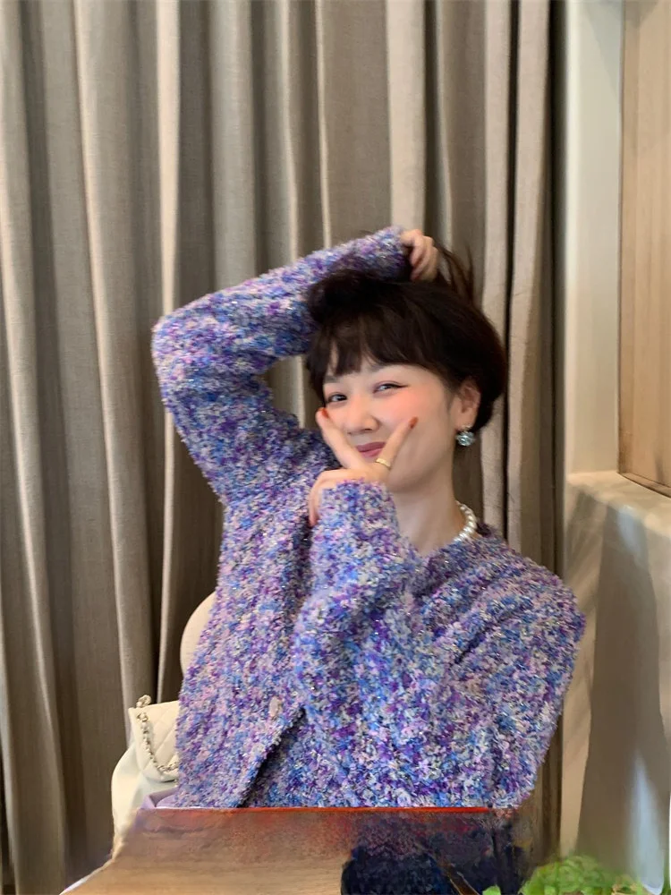 

Dopne Фиолетовый вязаный открытый кардиган Женский модный осенний свитер Верхняя одежда Fraance Sle Top f Высокий круглый Ne Long ...