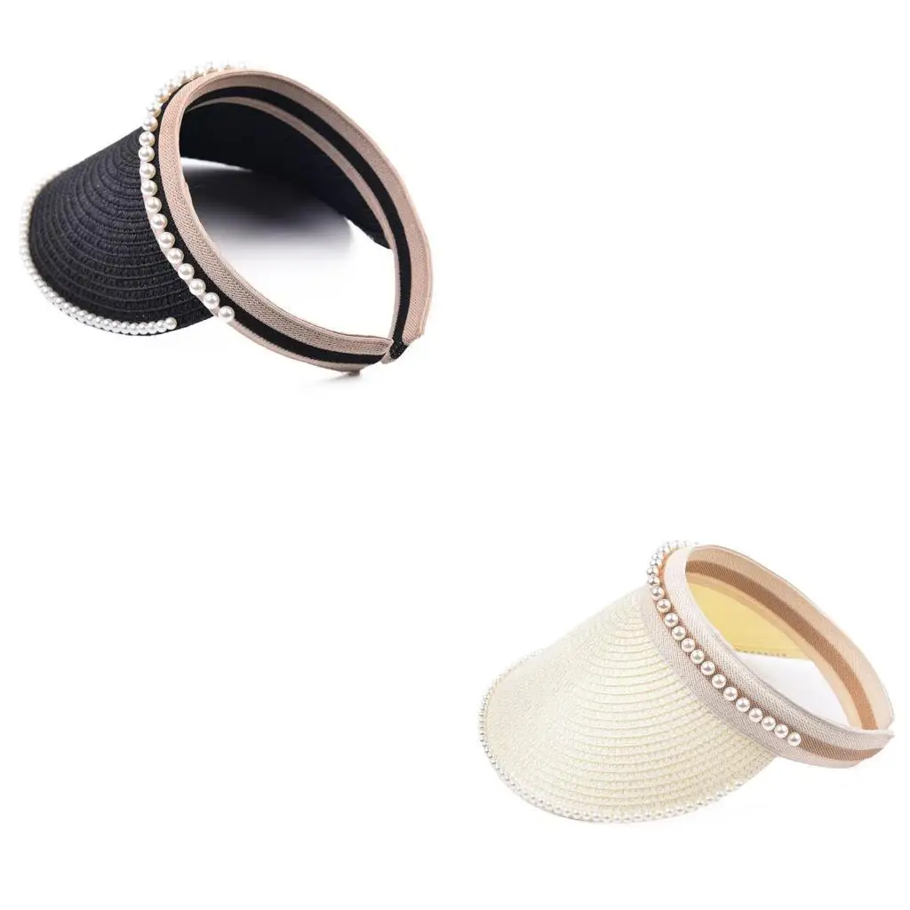 

Нишевая однотонная шляпа с козырьком, летняя соломенная шляпа с пустым верхом и жемчугом, дышащая для защиты от солнца, для