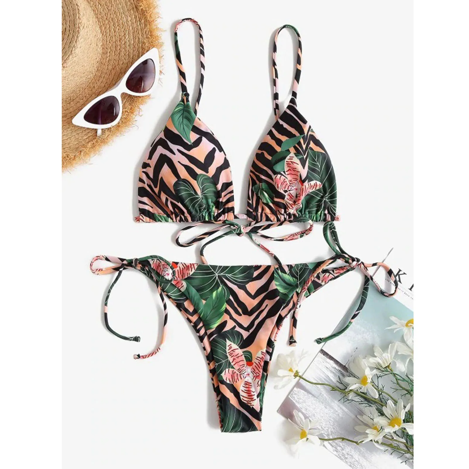 Retro Womens Beachwear Sexy Bikinis Set Boho Print Padded Swimsuit Athletic Push Up Bikini Top Set Push-Up Female Bathing Suit