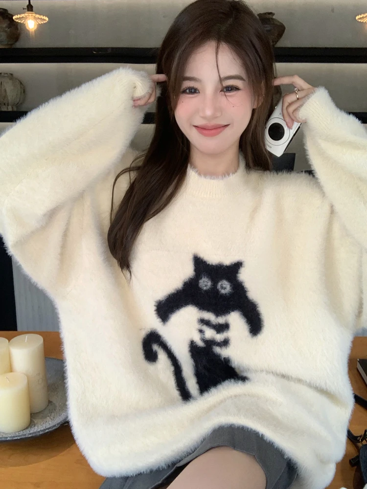 French Winter Elegant Plush Sweater For Women Knitting Sweety Pullovers Full Sleeve Loose Vintage Students Kawaii Cat Sweater