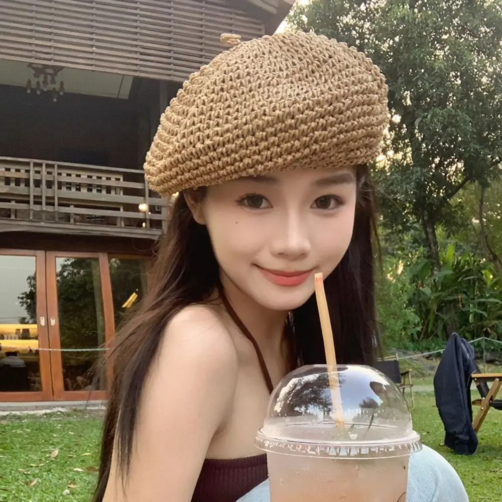 Французский летний соломенный берет, полая шапка ручной работы, вязаная крючком шляпа художника для девочек