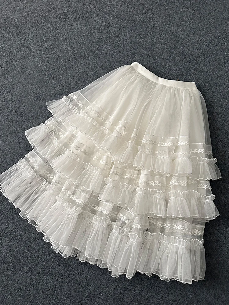 

Dophee Original Lolita Elegant Ruffles Mesh Puffy Skirt White Cake Skirts Mid-long Women Wedding Gauze Lace Jsk Fairy Overskirt