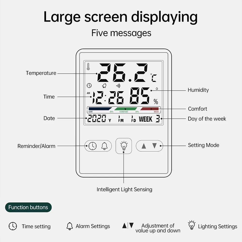 Pantalla Digital con retroiluminación inteligente para interiores, medidor electrónico de temperatura y humedad, despertador, calendario, instrumento de visualización