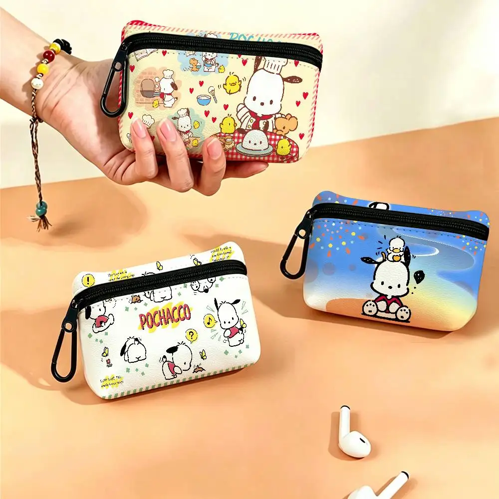 P-Pochacco Playful-Cute Oxford Coin Wallet Detachable Carabiner Hook Compact Storage Bag For Outdoor Shopping Accessory