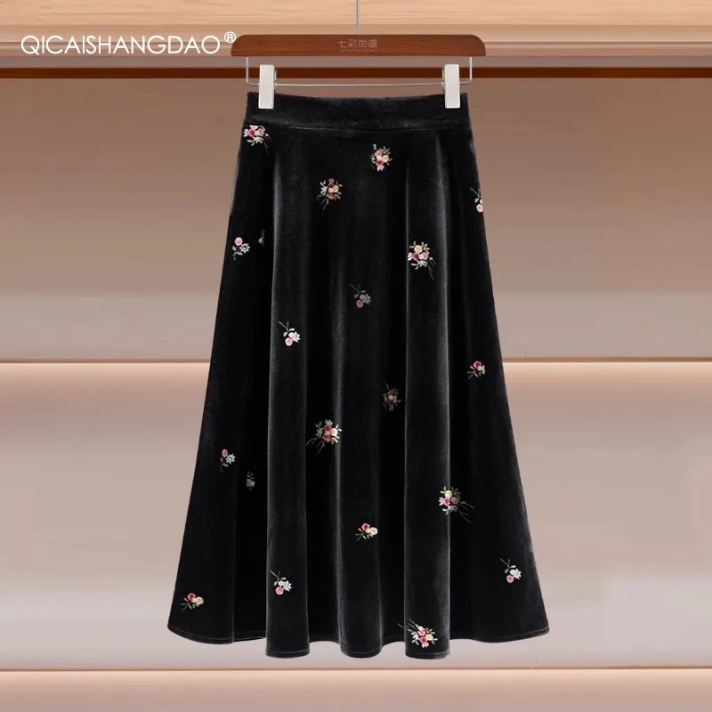 

Women' Black Velour Skirt High Waist A-line Mid-length Swing Skirts With Embroidered Floral Soft Cozy Fall Winter Skirts