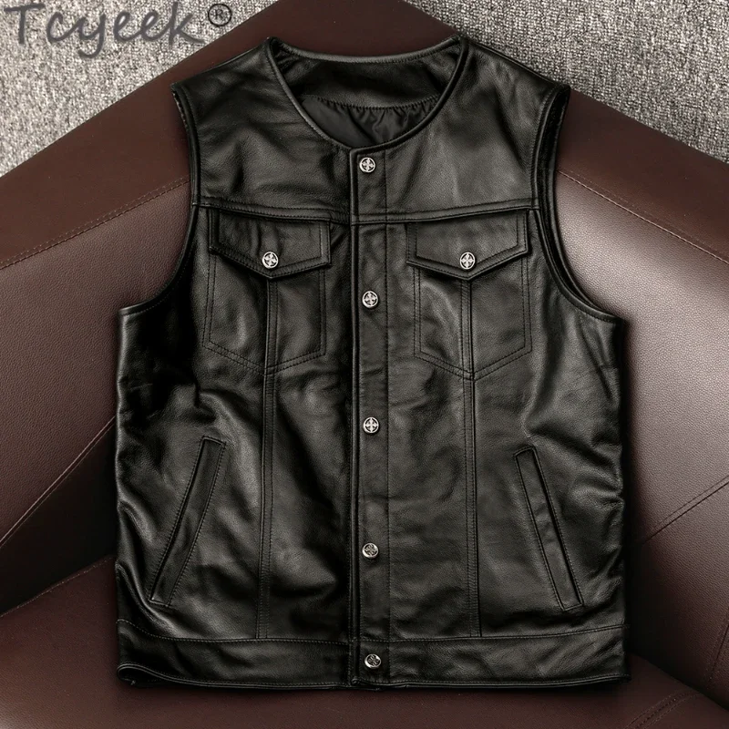 

Tcyeek Genuine Leather Jacket Men 2022 Autumn New Cowhide Leather Vest Motorcycle Sleeveless Jackets Men Coat Male Leather Vest