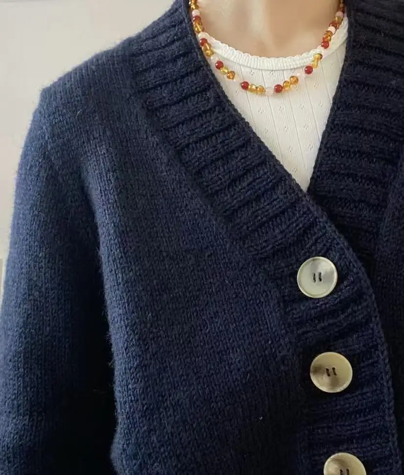 

New hand woven basic solid color V-neck wool handmade cardigan with buttons, hand woven wool cardigan design cute and ladylike s