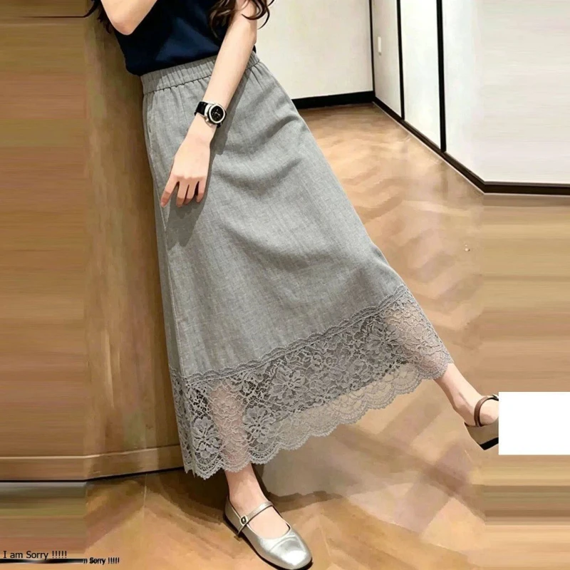 Elastic Waist Lace Patchwork Solid Elegant A-line Skirt Summer Hollow Out Temperament Midi Skirt Fashion Casual Women Clothing