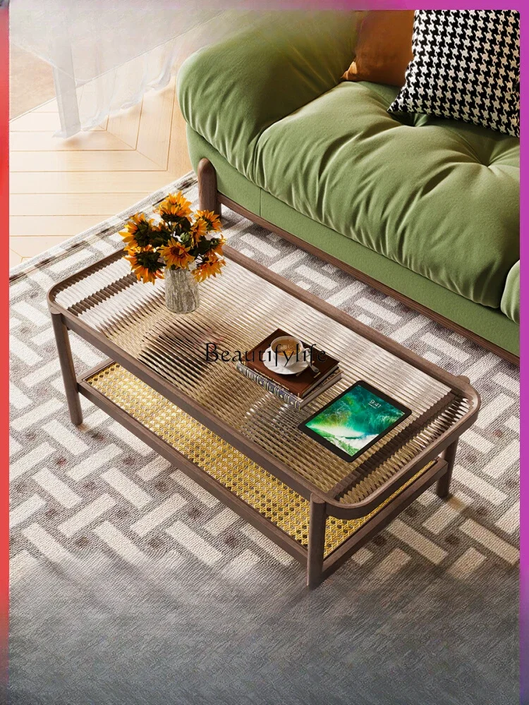 American retro solid wood coffee table living room household small apartment balcony rattan low table