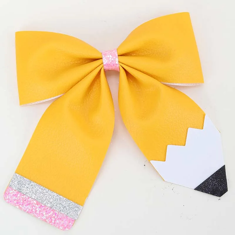 ncmama Back To School Yellow Leather Pencil Hair Clip for Women Sweet Girls Solid Bow Hairpin Party Headwear Hair Accessories