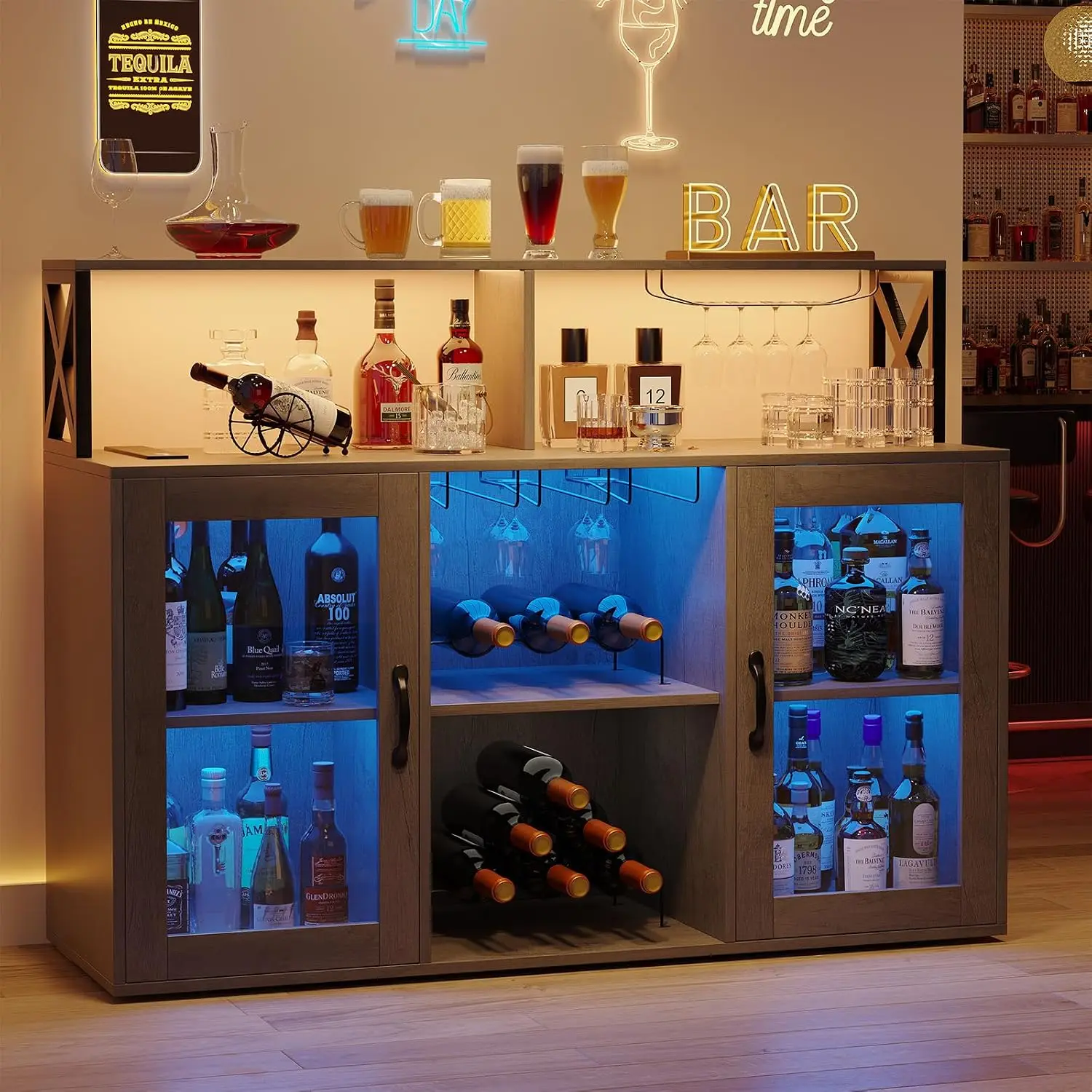 Wine Bar Cabinet with LED Light & Power Outlets, Sideboard with Wine Rack & Glass Storage, Cabinet for Living Room, Customized