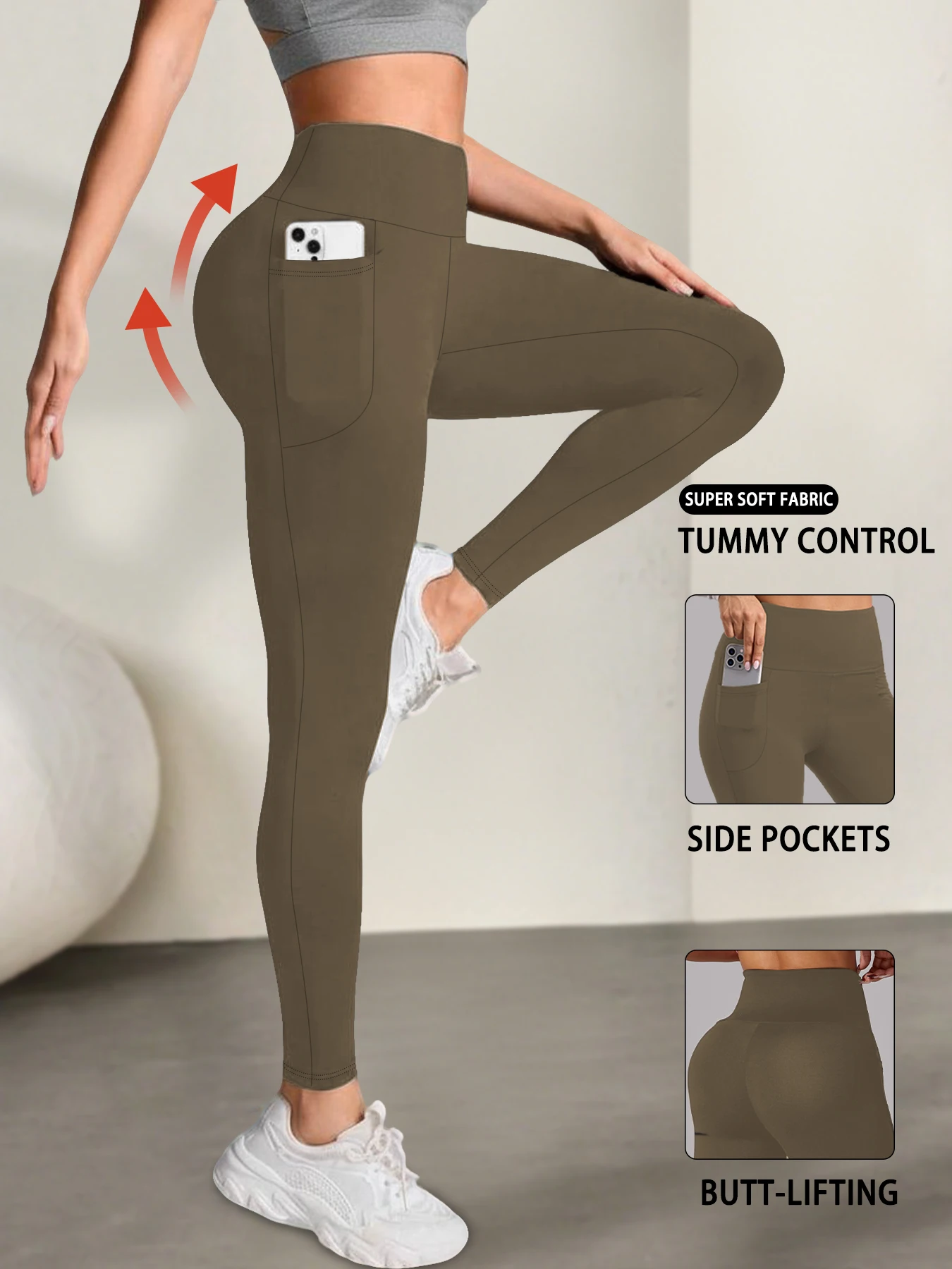 여성용 포켓이 있는 매우 부드러운 스포츠 레깅스, 하이 웨이스트 배 조절 운동 요가 러닝 타이트 팬츠.