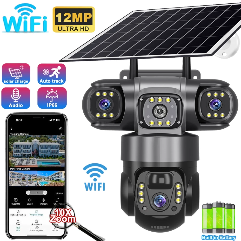 Solar Outdoor Camera 12MP 3 Lens 3 Screen CCTV Night Vision IP66 Waterproof PIR Human Detect Wifi Security Camera