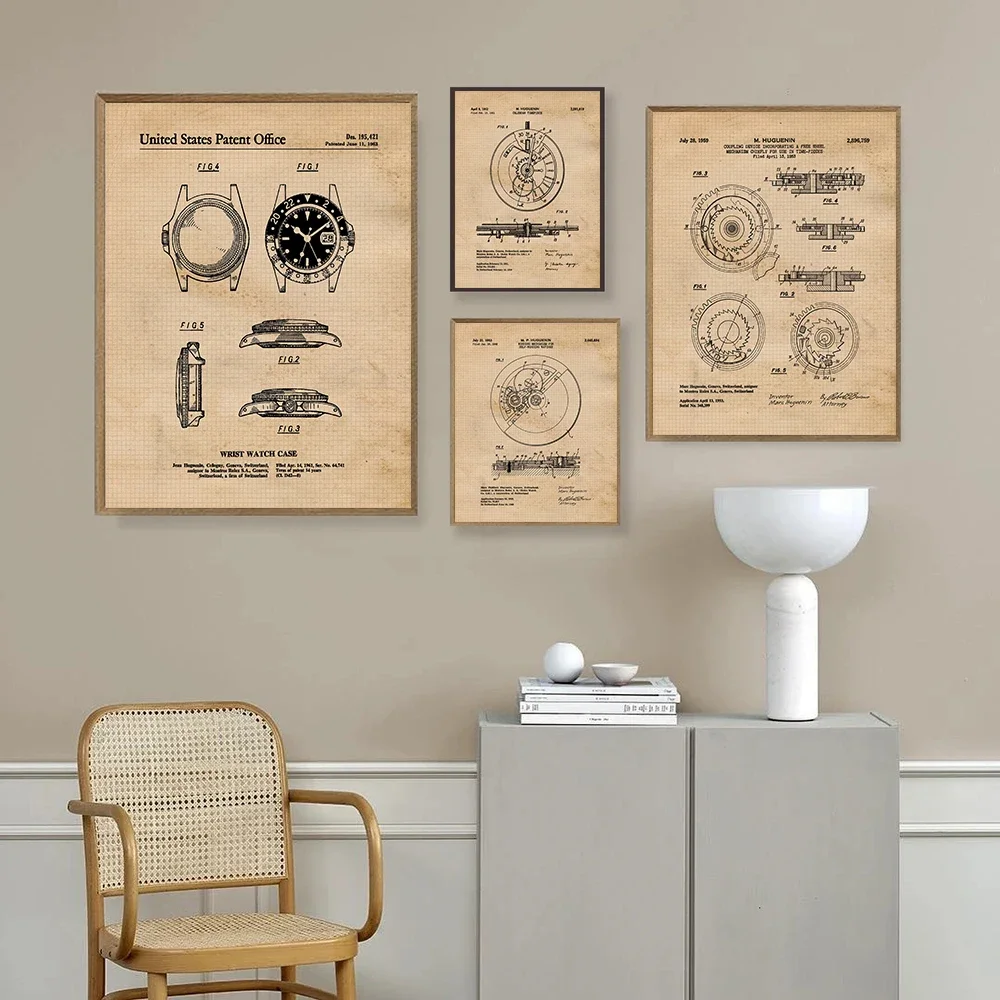 Vintage Watch Mechanical Movement Patent Prints Canvas Art Posters Decor for Home Office Studio Student Teacher Rolex Timepiece