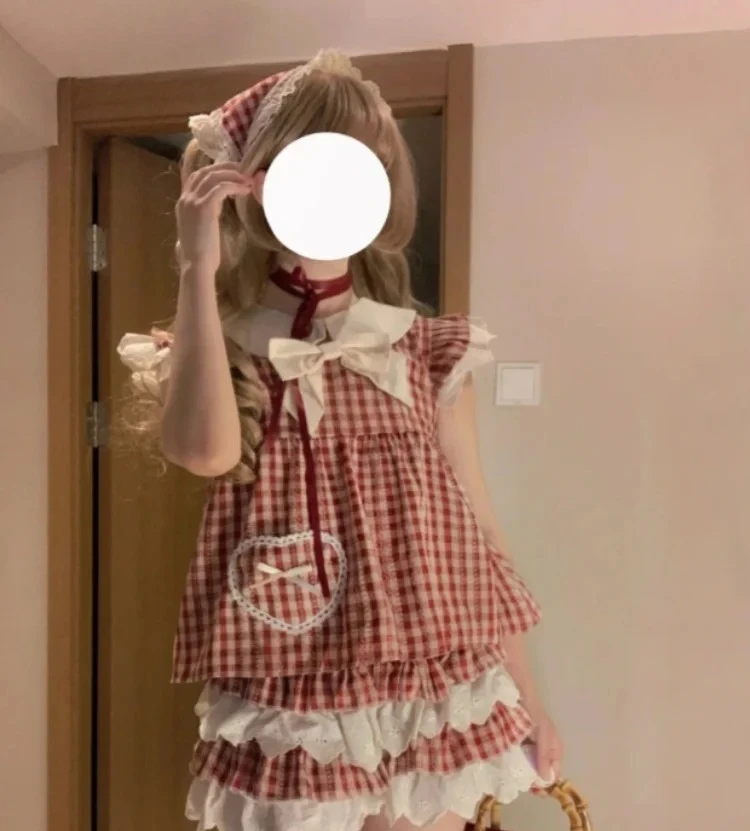 تحلق كم قميص عالية الخصر الدانتيل لصق منتفخ تنورة خمر فتاة لوليتا دمية الرقبة منقوشة 2025 مجموعة قطعتين مجموعات النساء sedf3 #6