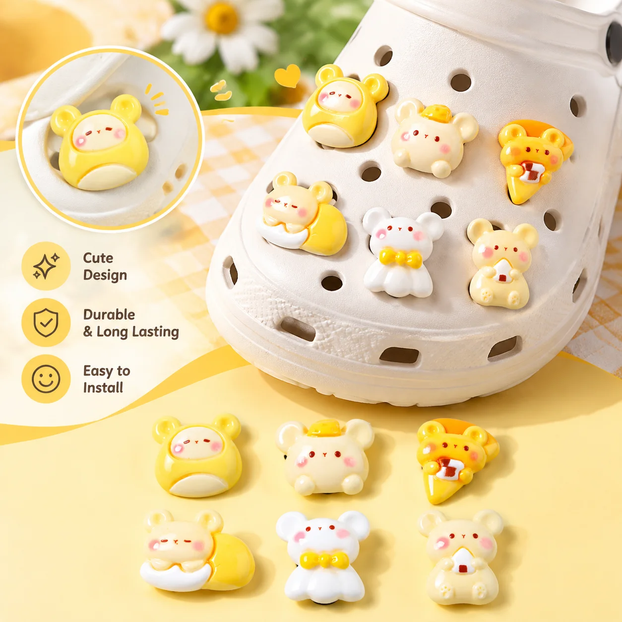16pcs Mixed Cute Cheese Mouse Resin Shoe Charms - Kawaii Animal Clog Decor for Sandals & Beach Bags