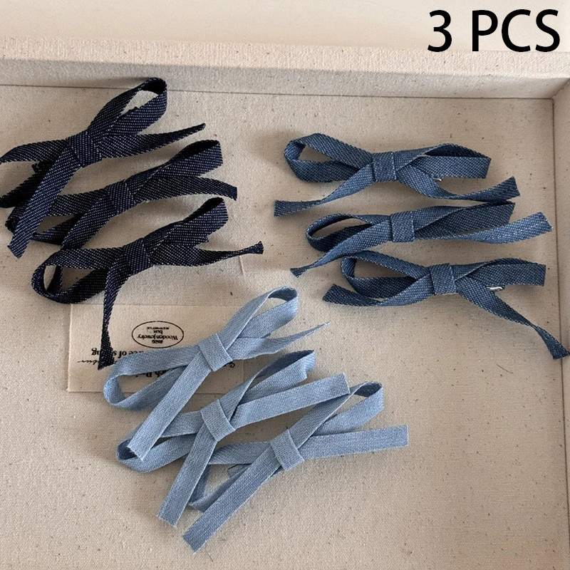 3PCS Duckbill Clip New Fashion Personality Denim Blue Fabric Bow Barrettes Hairclips Side Shredded Hair Bangs Clip