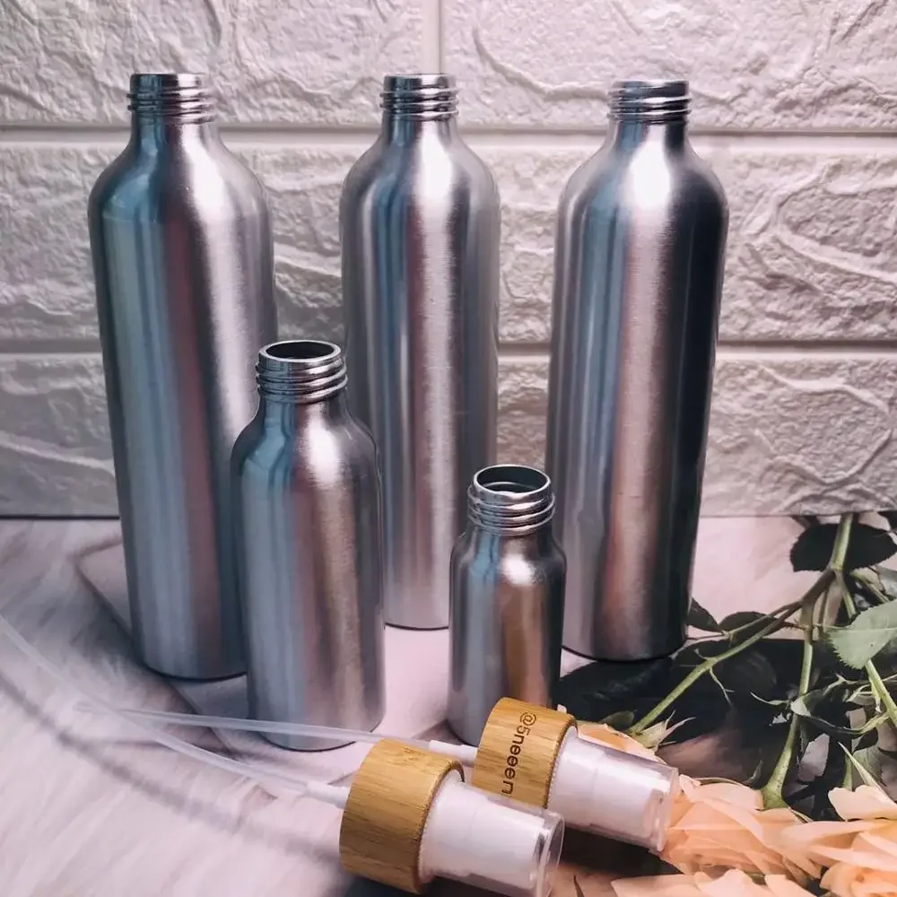 

high quality spray bottle wholesale empty aluminum bottles with bamboo lid cosmetic containers lot，empty cosmetic container