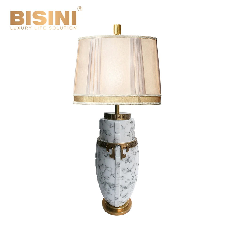 

Exquisite Italian Style White Marble Pattern Porcelain with Copper Decorative Desk Lighting Beige Lampshade Table Lamp
