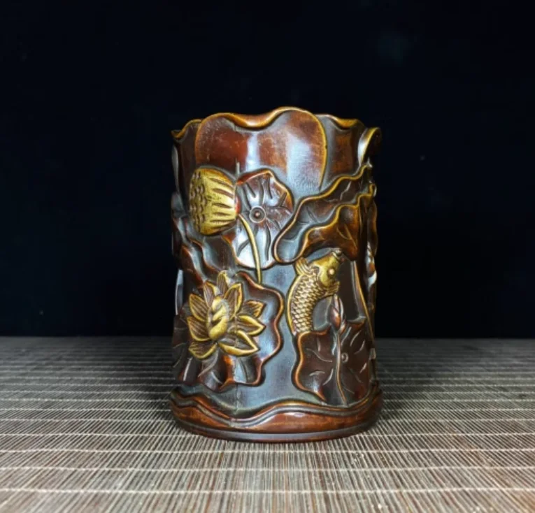 

China Pure Bronze Copper Carved Fish carp Retro Pencil Vase Brush