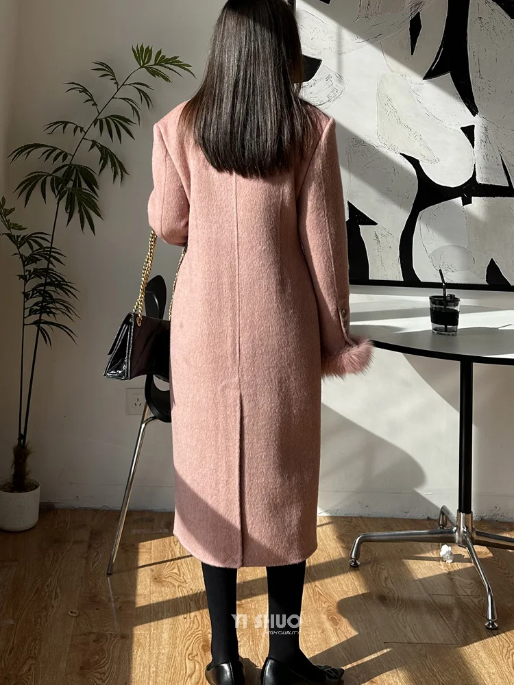 Korean Fashionable Winter Real Fox Fur Sleeve Coat Double Brested Waist-closure Sand Flap Trim Double-sided Wool Jacket Women