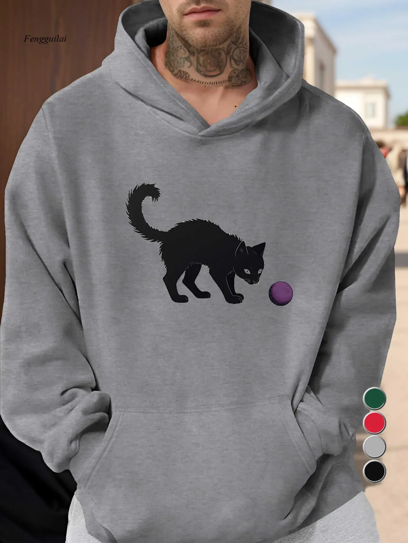

Hooded Sweatshirt-Red with Black Cat & Purple Ball Print, Loose Fit Casual Pullover Hoodie, Long Sleeve Hoodie with Cat Paw