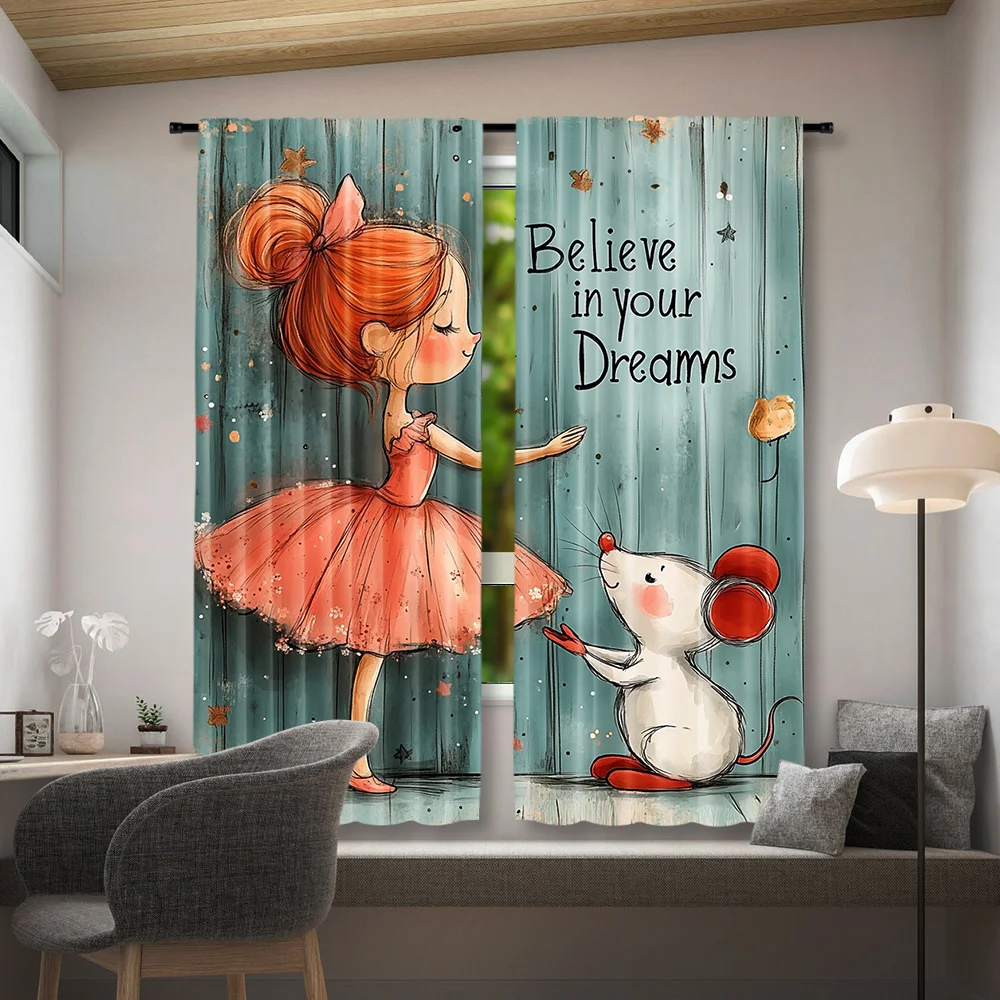 Cute Ballerina Curtain, Girl Mouse Dream Window Drape, Pink Ballet Dancer Blackout Panel, Kids Room Nursery Home Decor