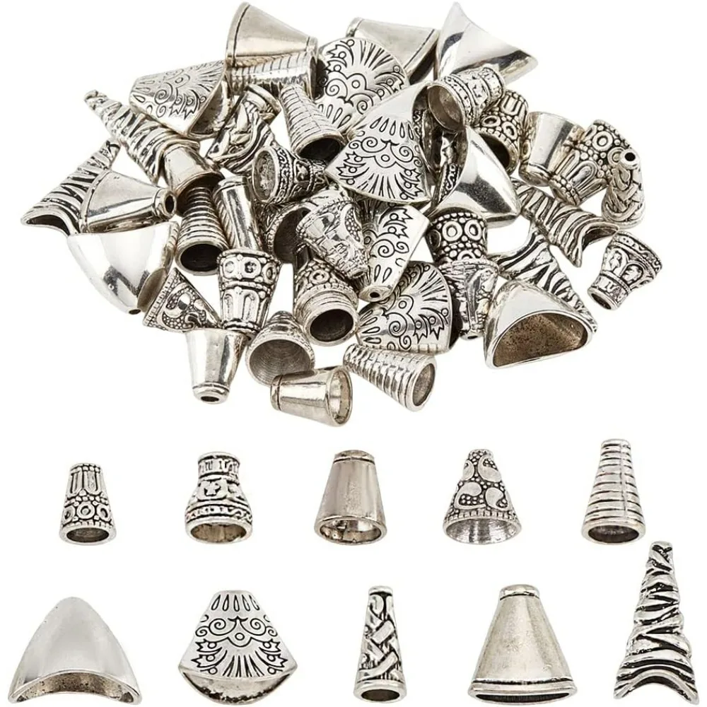 50 Pcs Cone Bead Caps, 10 Styles Tibetan Style Alloy Flower Spacer Beads End Caps Antique Silver Spacer Beads Caps Bead Cone