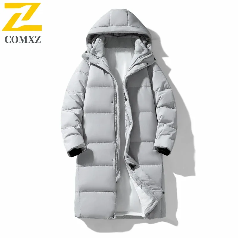 COMXZ Men Puffer Jacket Thickened Hooded Ski Street Warm Windproof Snow Winter Jacket High Quality Travel Long Padded Jackets