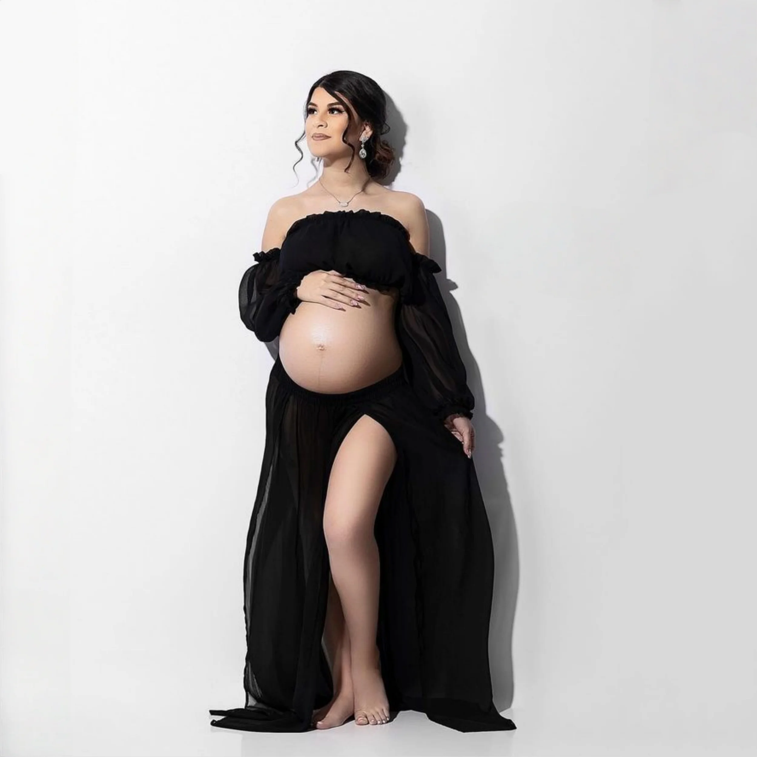 2 in 1 Chiffon Summer Maternity Photoshoot Dress Set Off-the shoulder See Through Pregnancy Photography Props Outfit Sets