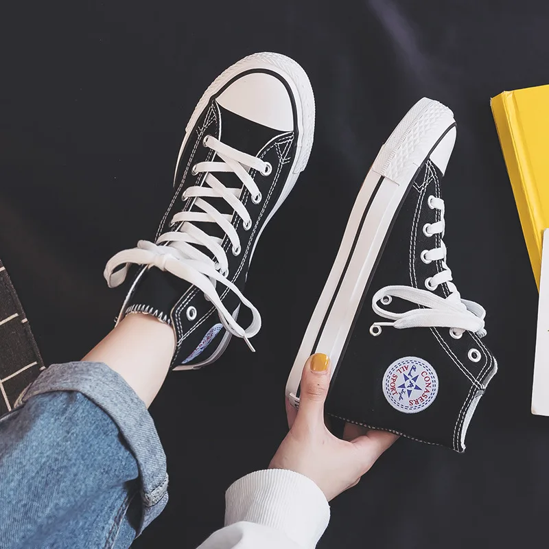 Women Canvas Flat Shoes High Top Spring New Fashion Casual Students Korean Style Cloth Shoes White and Red Skateboard Versatile