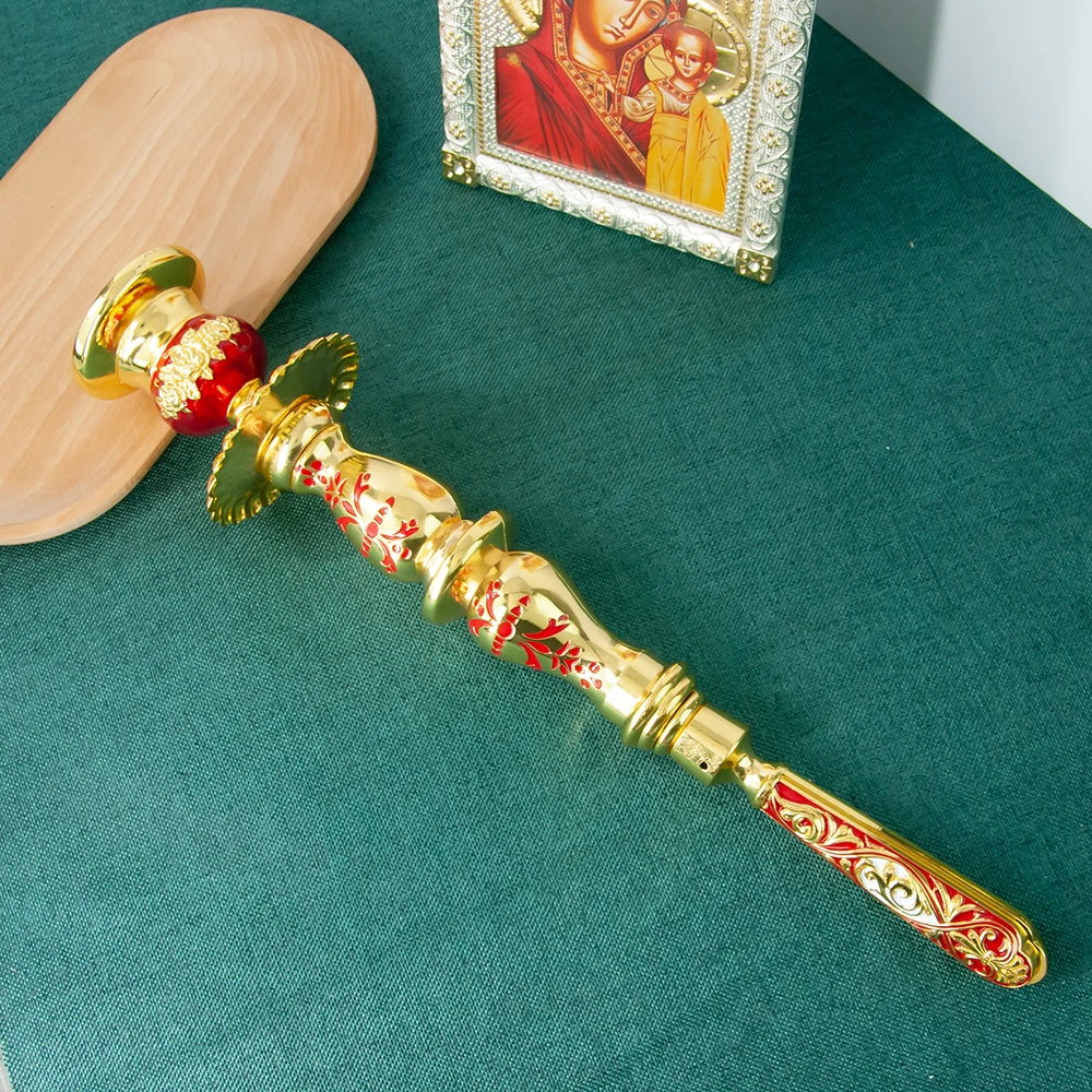 HTISOK Orthodoxer Handkerzenhalter, vergoldet, byzantinischer Stil, christlicher religiöser Ritual-Kerzenhalter für die Kirchenandacht – Detail 11