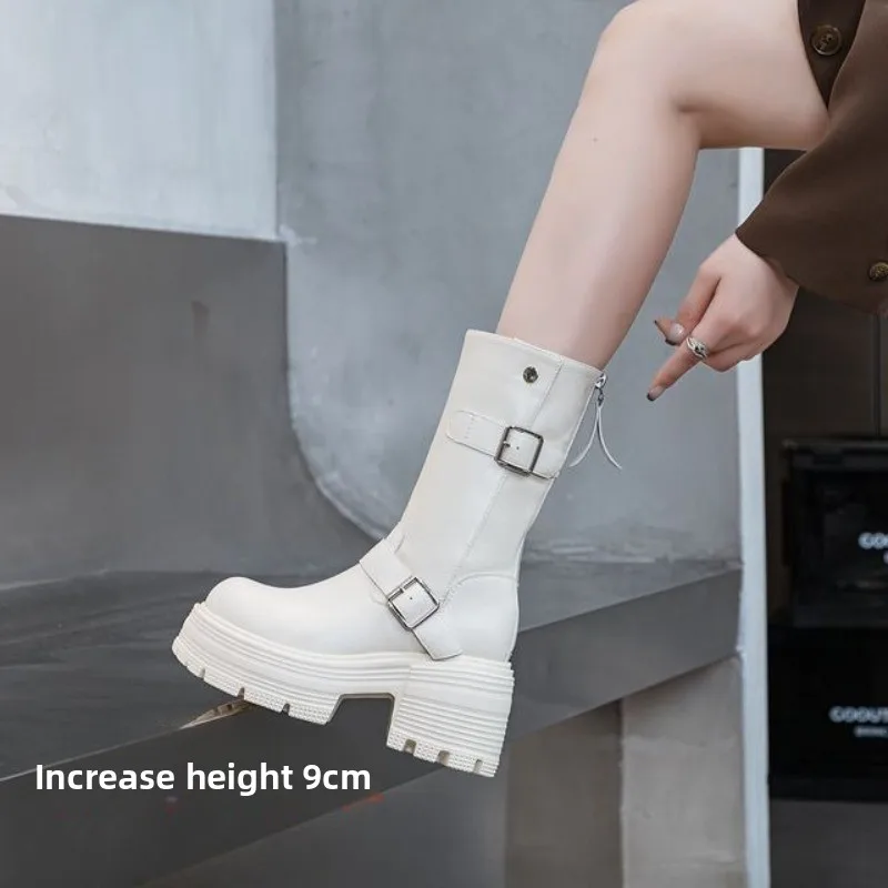 9cm Winter Chunky Platform Knee High Boots - Retro Motorcycle Boots for Women, Lightweight & Stylish Leg-Lengthening Design