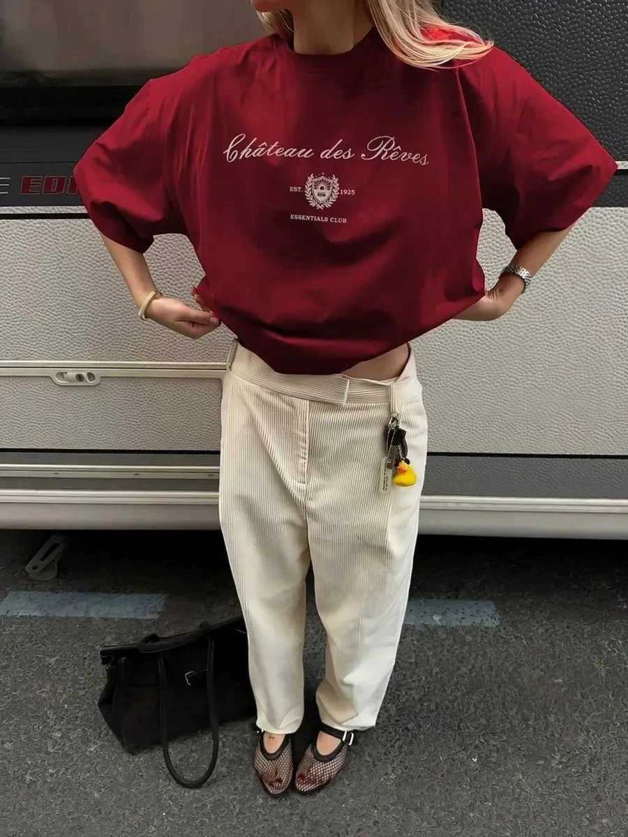 패셔너블한 루즈핏 프린트 티셔츠 반팔 캐주얼 탑 여성용 면 라운드넥 티셔츠 편안하고 통기성 좋은 여름옷