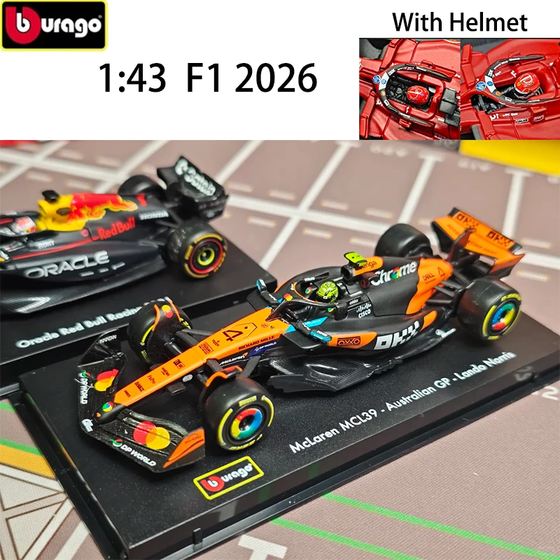 Bburago 1:43 2025 F1 With Helmet Alloy Diecast Formula Racing Car MCL39 W16 SF25 RB21  Collectible Hobby Gift for F1 Fans
