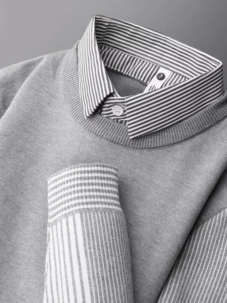 

Мужской повседневный полосатый трикотажный свитер с эффектом двухслойности, с воротником-рубашкой, приталенный, с длинным рукавом, модный городской стиль