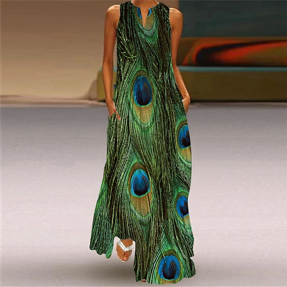 

New Summer Long Dress Fashion V-neck Long Dress Peacock Feathers 3d Print Personalized Sleeveless Vest Dress For Women Clothing