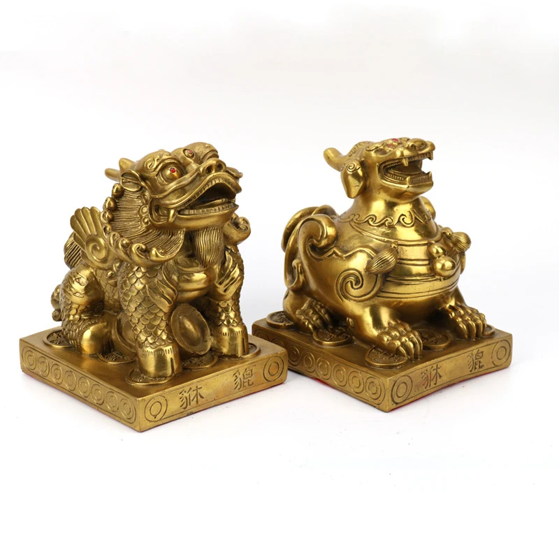 Brass Square-Bottom Pixiu Figurine, Single or Double-Legged Pixiu, Decorative Ornament for Home, Living Room, and Office
