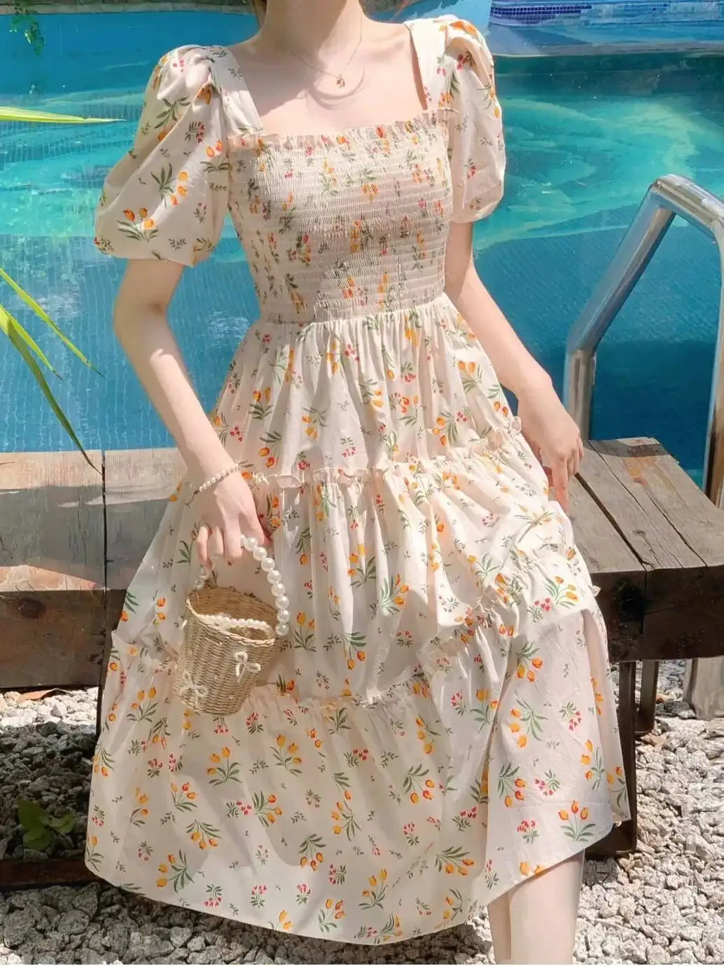 Midi Dresses For Women Cute Woman Dress Floral Kawaii Fairy Flower Short Sleeve Elegant And Beautiful New In Curvy Haruku Hot