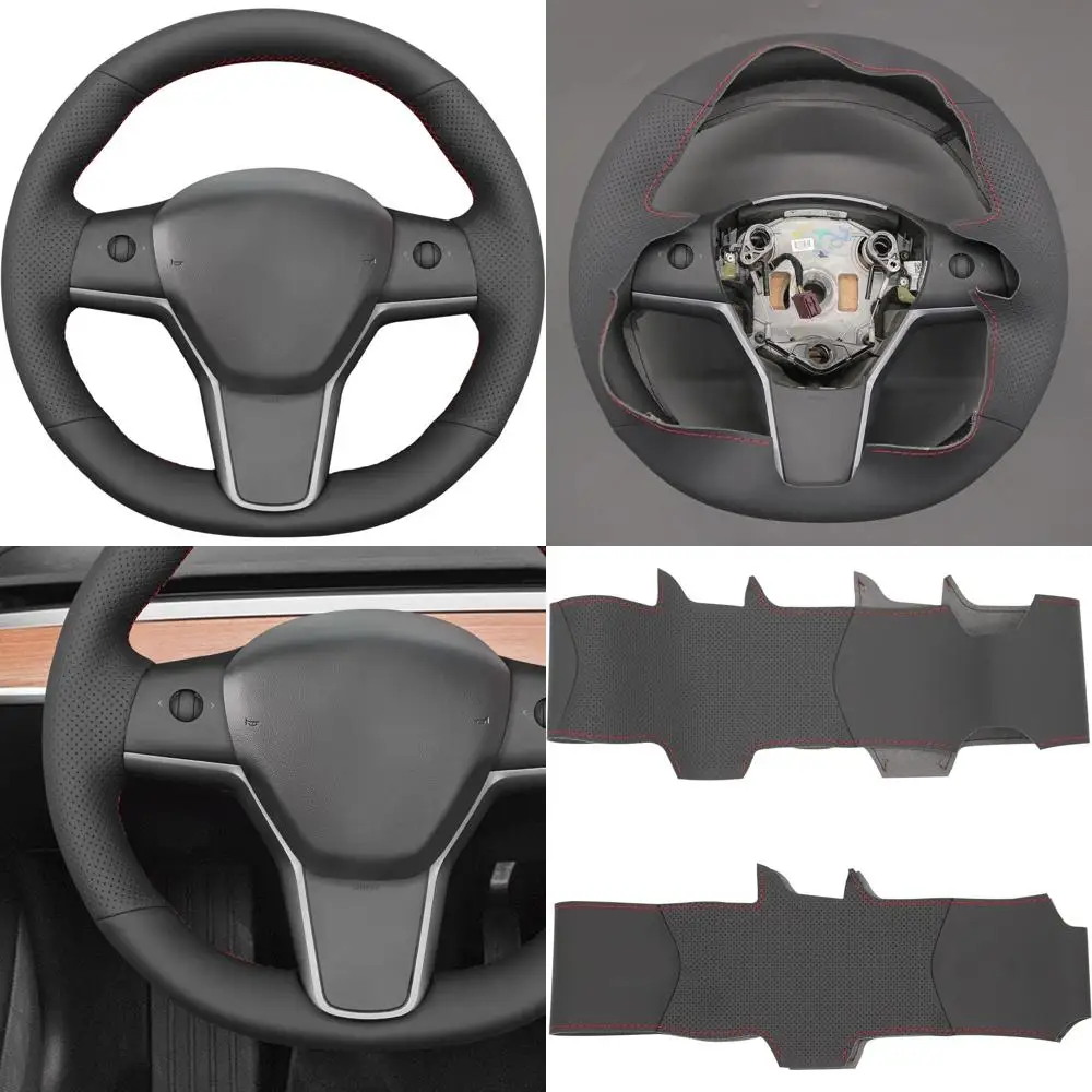 

Чехол на руль с ручной вышивкой для Tesla Model Y 2020-2023 Model 3 2017-2023, изготовленный из черной натуральной кожи