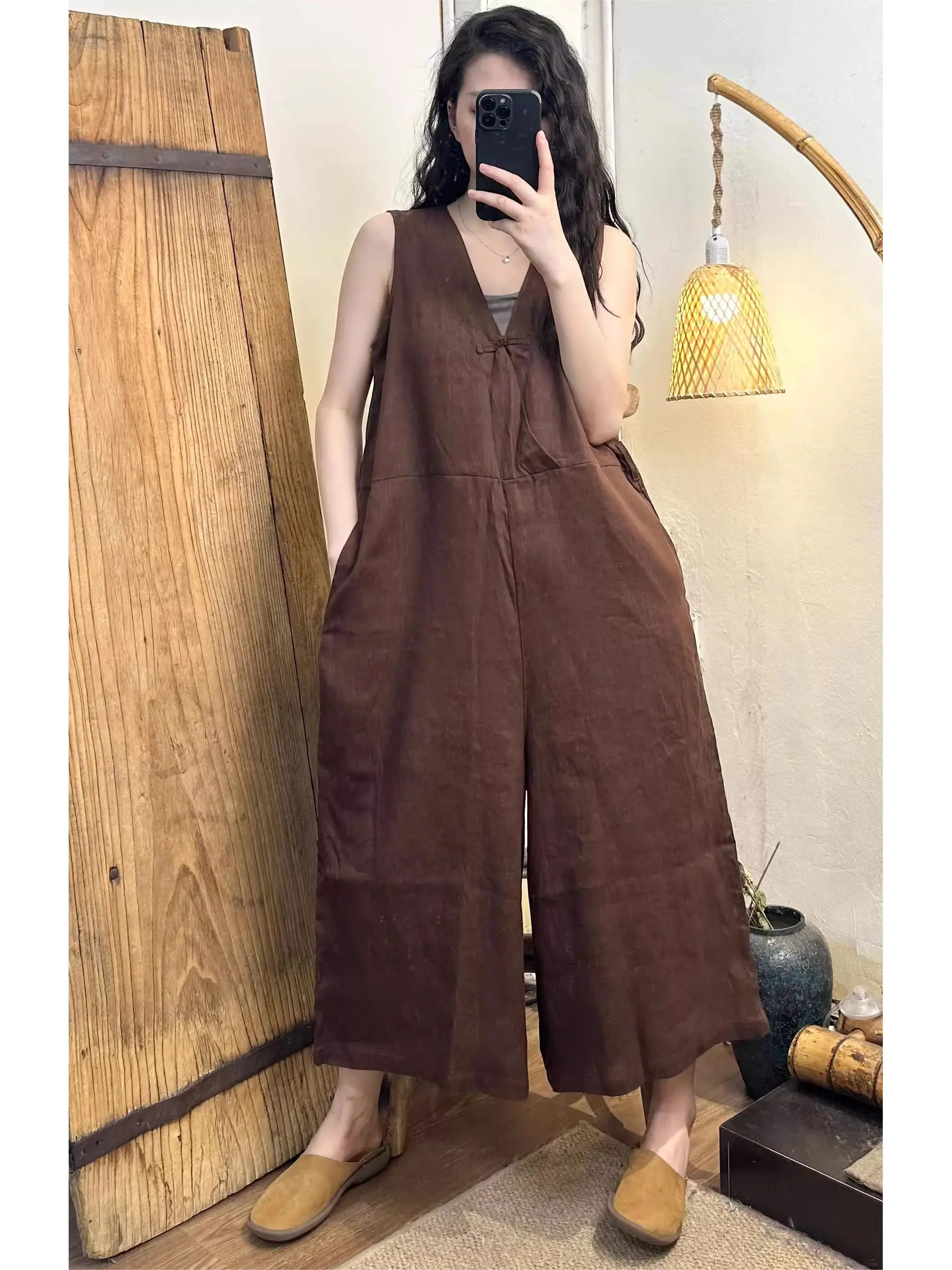 

Женские свободные брюки-комбинезон из хлопка и льна с широкими штанинами, летние, тонкие, с высокой талией, укороченные, стройнящие, повседневные