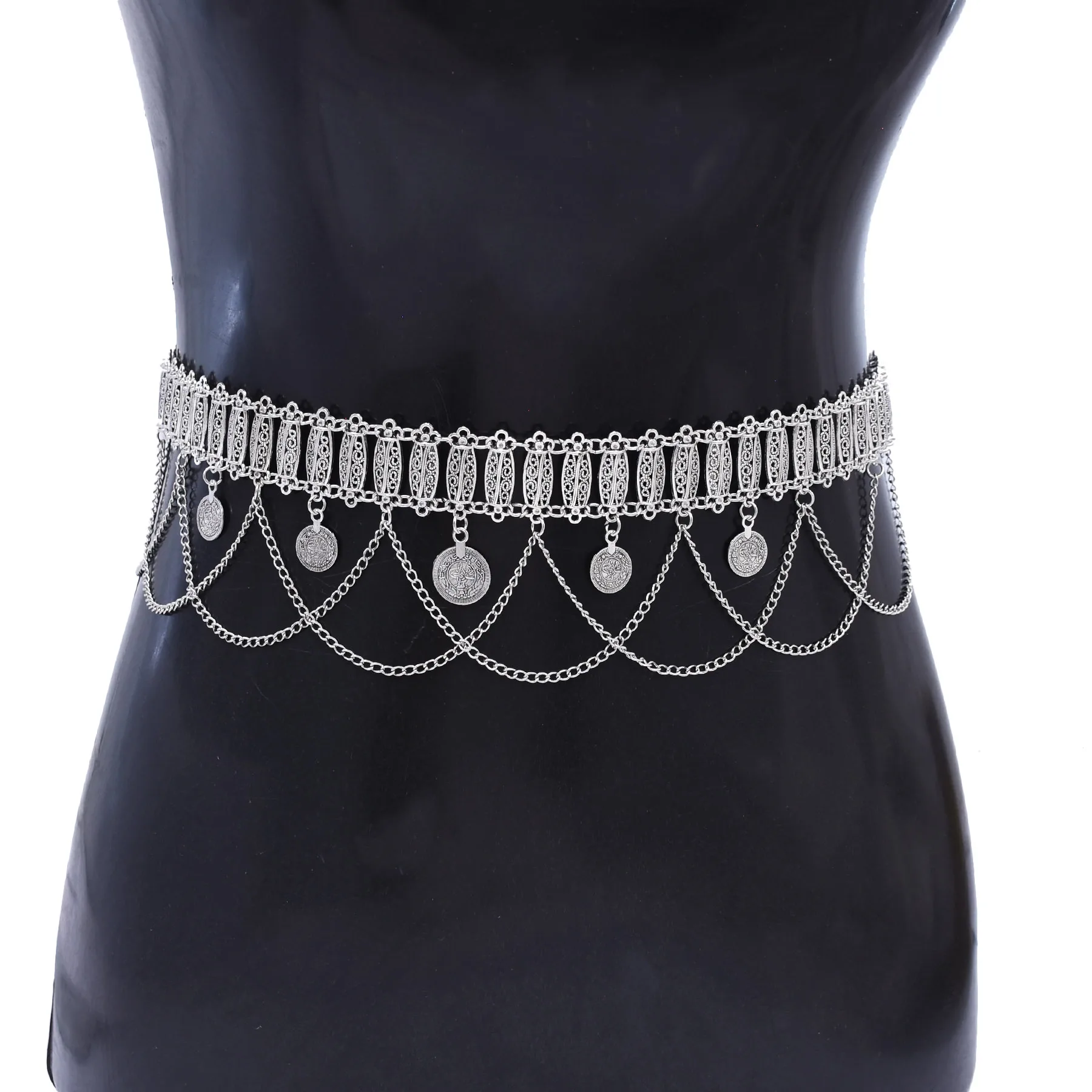 Niche Retro Design Silver Carved Geometric Alloy Patchwork Coin Pendant Chain Tassel Slimming Women's Waist Chain