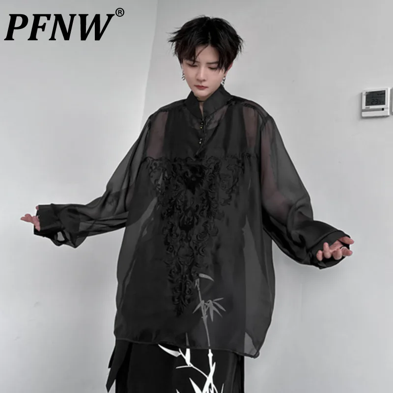 

PFNW French Design Men's Shirt Long Sleeve Stand Collar Embroidery Thin Perspective Menwear 2024 Summer New Fashion Tide 28W3343